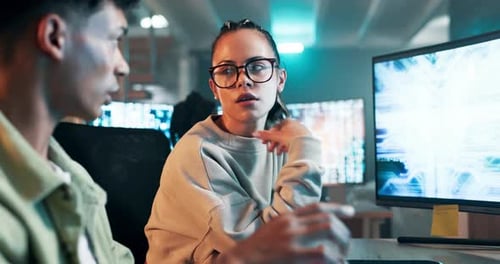 Video game, developer or communication or coding by computer screen or collaboration on futuristic