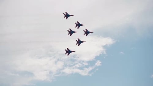 Speed group military jets flying war. Planes mig 29 sky trick air show. Russia.