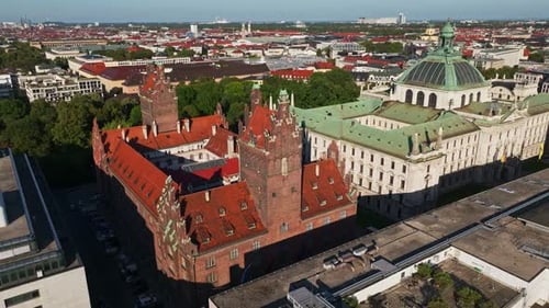 Aerial drone view of Oberlandesgericht München in Munich, Germany.