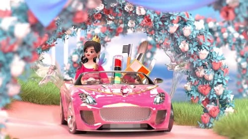 Animated Princess Drives Pink Car with Cosmetics Through Floral Arch