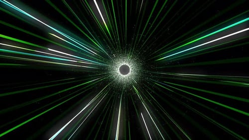 Looping green tunnel of lines on a black background. Abstract futuristic high speed jump in outer sp