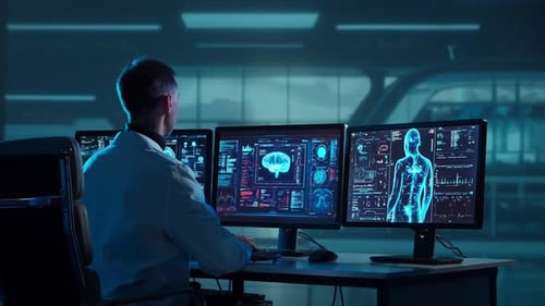 Doctor Working at Futuristic Office Multiple Monitors Displaying Medical Images Data and Body Scans