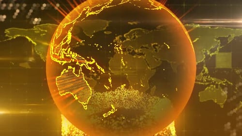 Animation of glowing globe rotating with golden starburst and orange graphic elements on black backg