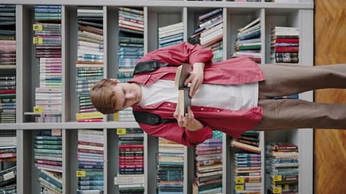 Young Man Reads Book Standing Against Bookshelves in Library