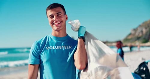 Volunteer, man and face with plastic bag at beach for ocean cleanup, waste management and earth day