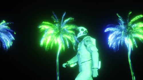 Fond Synthwave représentant un astronaute ambulant et des palmiers au néon