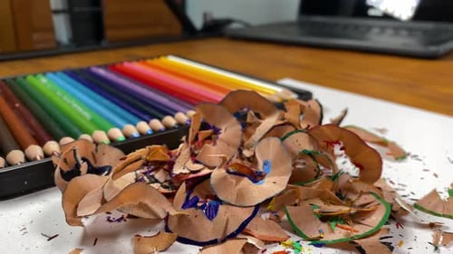 Colorful Pencils with Wood Shavings on Desk