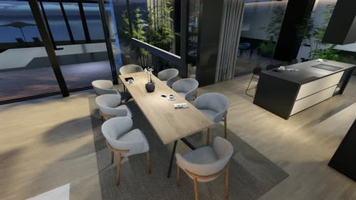 4K video of modern cozy interior with living, dining zone, stair and kitchen in night