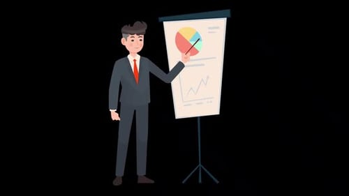 Businessman Explains Data with Pie Chart Flat Animation
