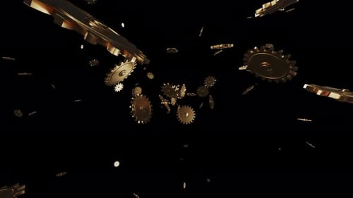 Various gears fly on a transparent background with an alpha channel.