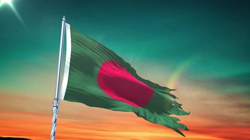 Distressed Bangladesh Flag Waving in Sunset Sky