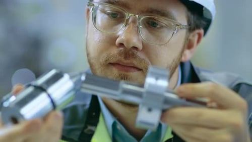 Close-up Shot of the Industrial Engineer Wearing Classes and Hard Hat Connects Two Components He De