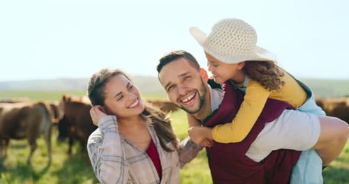 Man, woman and girl bonding on farm in nature environment, sustainability agriculture