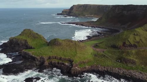 Aerial view of the Giant's Causeway on a sunny day, County Antrim, Northern Ireland. Right to left r