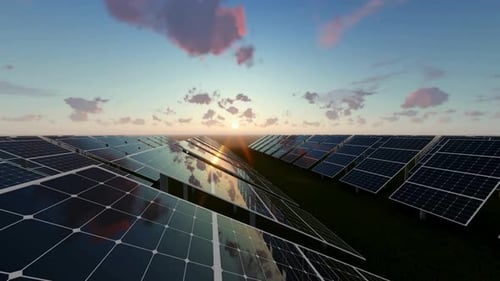 Solar Panels at Sunrise Generating Renewable Energy