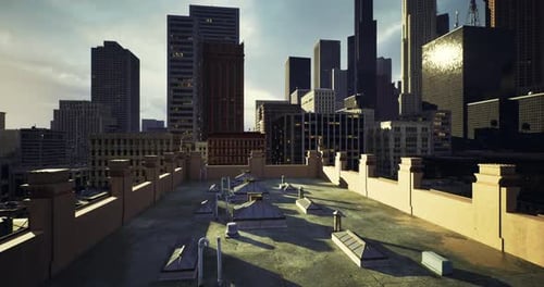 Rooftop View of Urban Skyline with Buildings Under Sunlight at Sunset