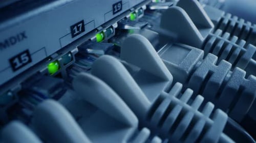 Macro Shot: Ethernet Data Cables Connected to Router Ports with Flashing Lights. Telecommunications