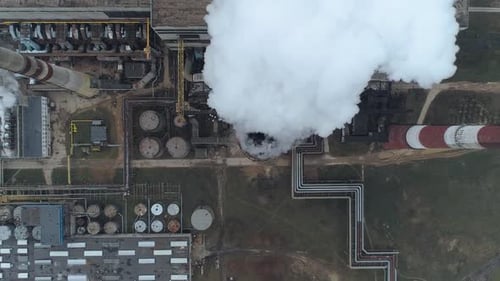 Thermal Power Energy Station View From Height to Pipes in Fog Steam and Smoke From Pipes