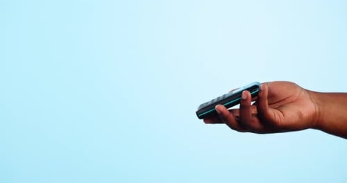 People, hands and credit card on pos machine for payment, purchase or buying against a studio