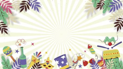 Animated Flat Design Celebration Elements with Sunburst Background