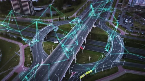 Bird's-eye view of modern transport interchange with digital network connections for self-driving