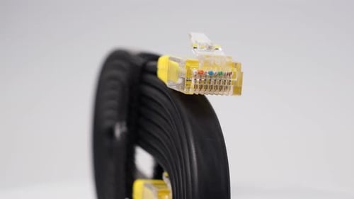 Close Up of Black Ethernet Cable with Yellow Tip