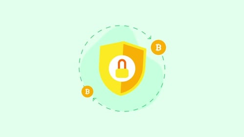 Bitcoin transaction security concept with shield, padlock, and bitcoin symbols.