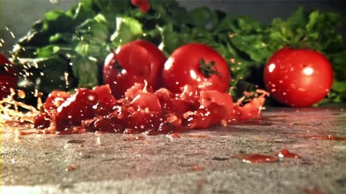 Des tomates tranchées aux épices tombent sur la table, filmées par une caméra haut débit à 1000 images par seconde