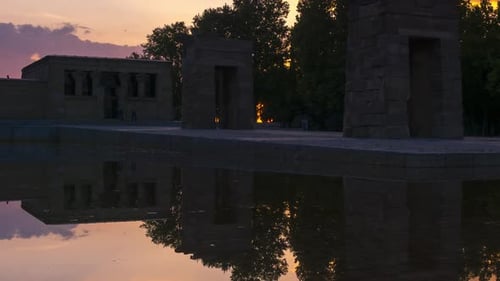 Timelapse of sunset at the ancient Egyptian temple ofDebod located it Madrid, Spain.