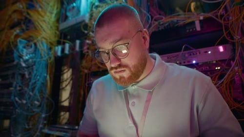 Man Working with Laptop in Server Room