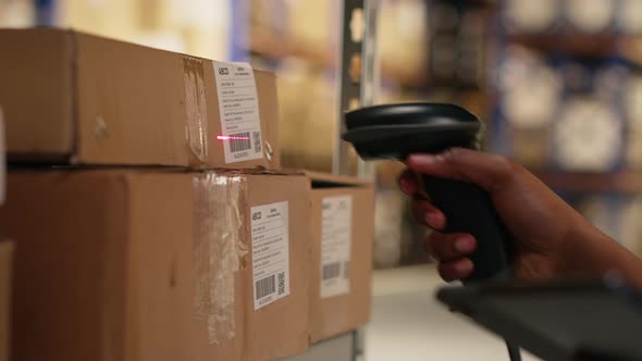 Scanning Boxes in Warehouse with Barcode Scanner, Industrial Stock ...
