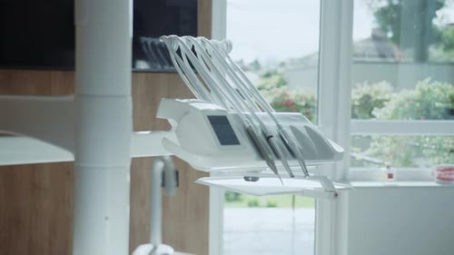 Close Up White Minimalistic Dental Clinic Interior with Tools Modern Equipment Healthcare