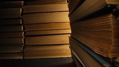 Library Towers of Old Books Slider Macro Moves on Aisle in Antique shopVintage