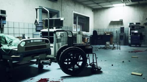 Abandoned Hospital Room with Scattered Debris and Neglected Medical Equipment