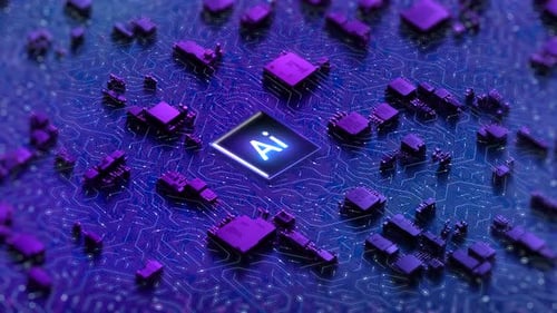 Conceito de inteligência artificial (IA) sobre fundo escuro de circuito 3D