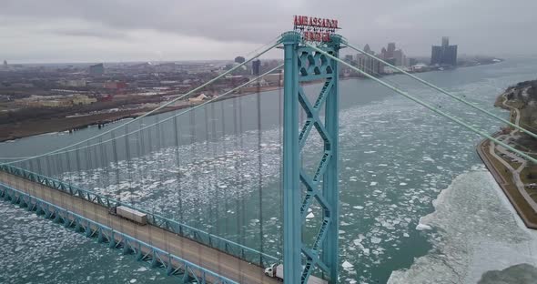 The Detroit skyline behind the Ambassador Bridge at the Windsor-Detroit ...
