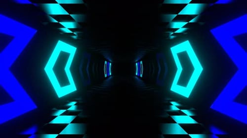 Reverse Tunnel With Blue And Cyan Neon Direction Arrows In 4K