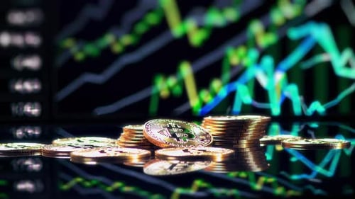 Bitcoin Coins with Stock Chart Background