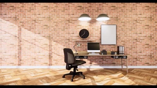 Modern Office Interior with Brick Wall and Wooden Desk