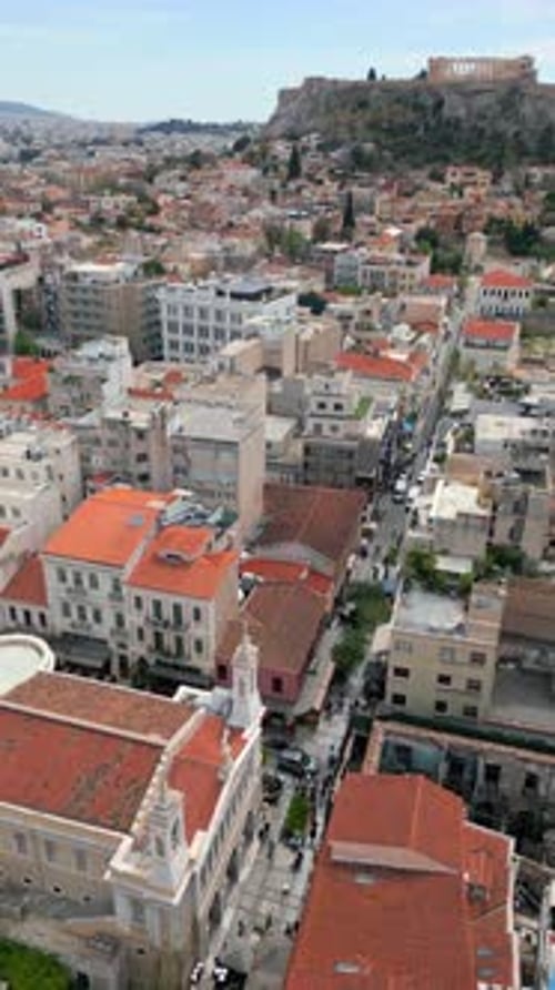 Aerial Drone View Over Athens City with Acropolis in Background Greece