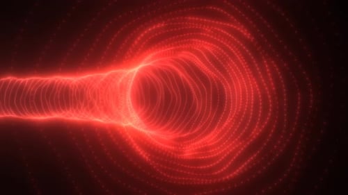 Abstrakter roter Tunnel aus Partikeln und Punkten auf glühend hellem futuristischem Hightech-Hintergrund