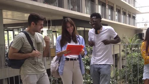 Cheerful Group of Young Interracial Students Standing Together at High School University Campus