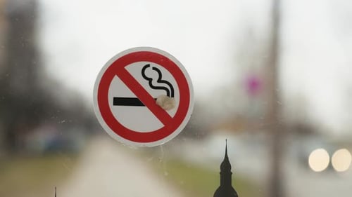 Day Time No Smoking Sign on Window with City in the Background