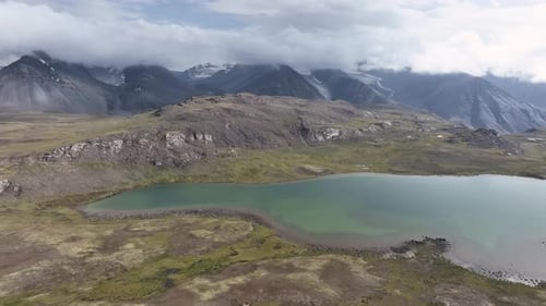 Aerial view of mountain and lake, Kyrgyzstan.