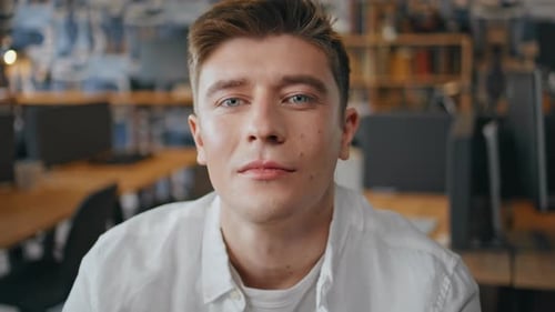 Portrait Successful Executive Posing at Office Desk Smiling Man Looking Camera