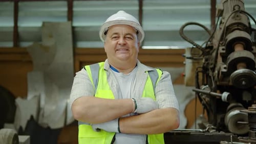 Confident senior male industrial engineer wearing safety vest in a factory, crossed arms and smiles