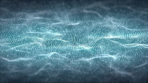 Loop animation of abstract waves made of glowing blue and white particles with floating snow effect
