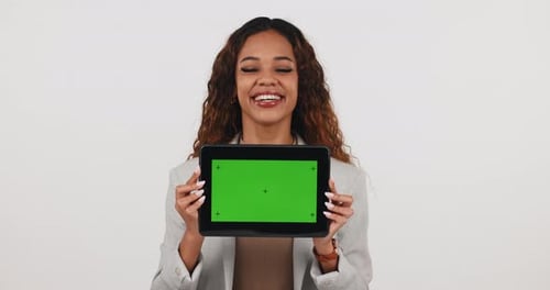 Tablet screen, mockup and technology advertising with woman in studio, green screen