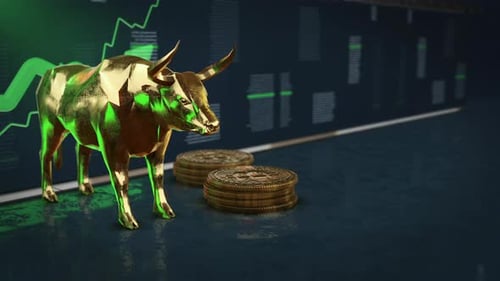 Professional 3D animation showing a golden bull representing strong market growth with a rising gree