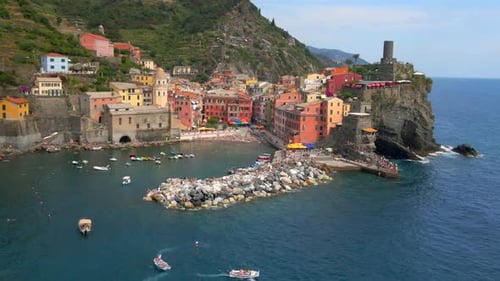 Aerial 4K footage of Vernazza, Cinque Terre in Italy.